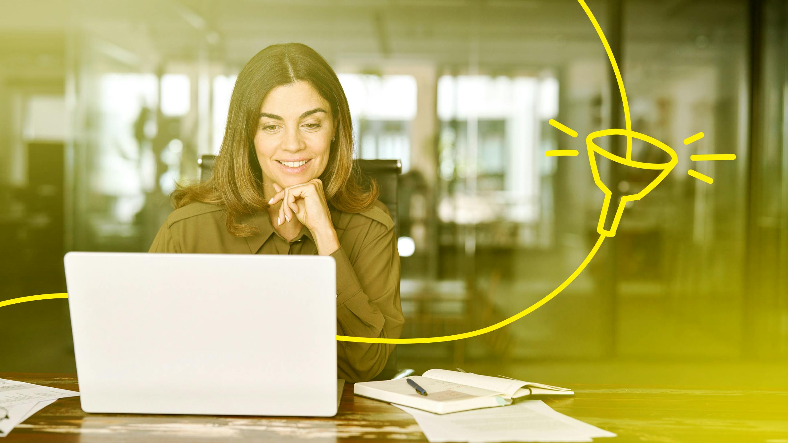 A lady thinking at her laptop. A yellow line si drawn over the image and is threaded through an illustration of a funnel