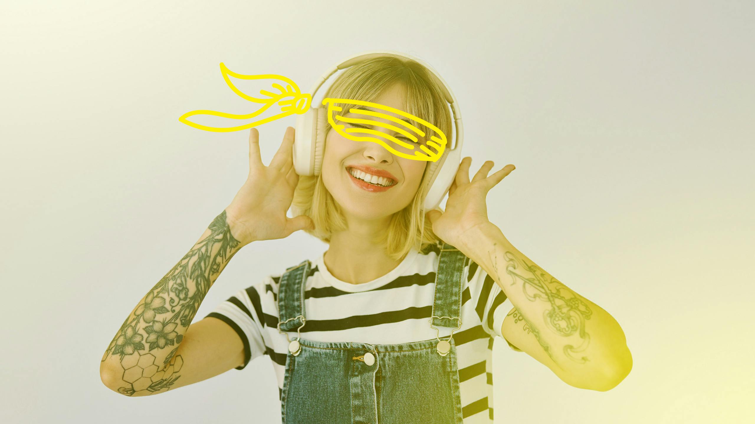 A cool young lady wearing headphones and a blind fold has been illustrated over her eyes