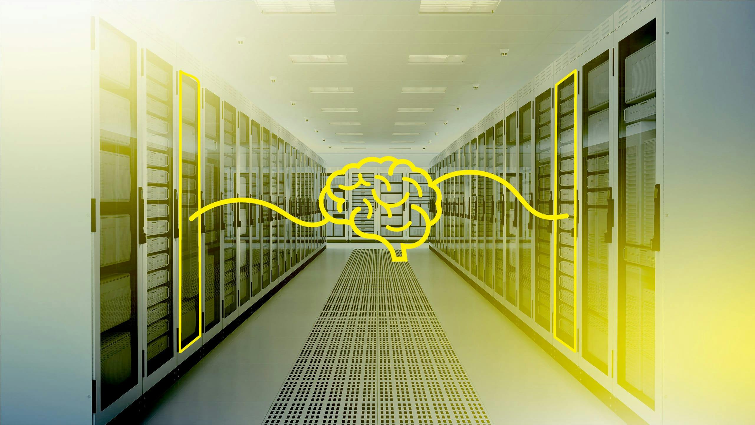 A hand-drawn illustration of a brain connected to servers