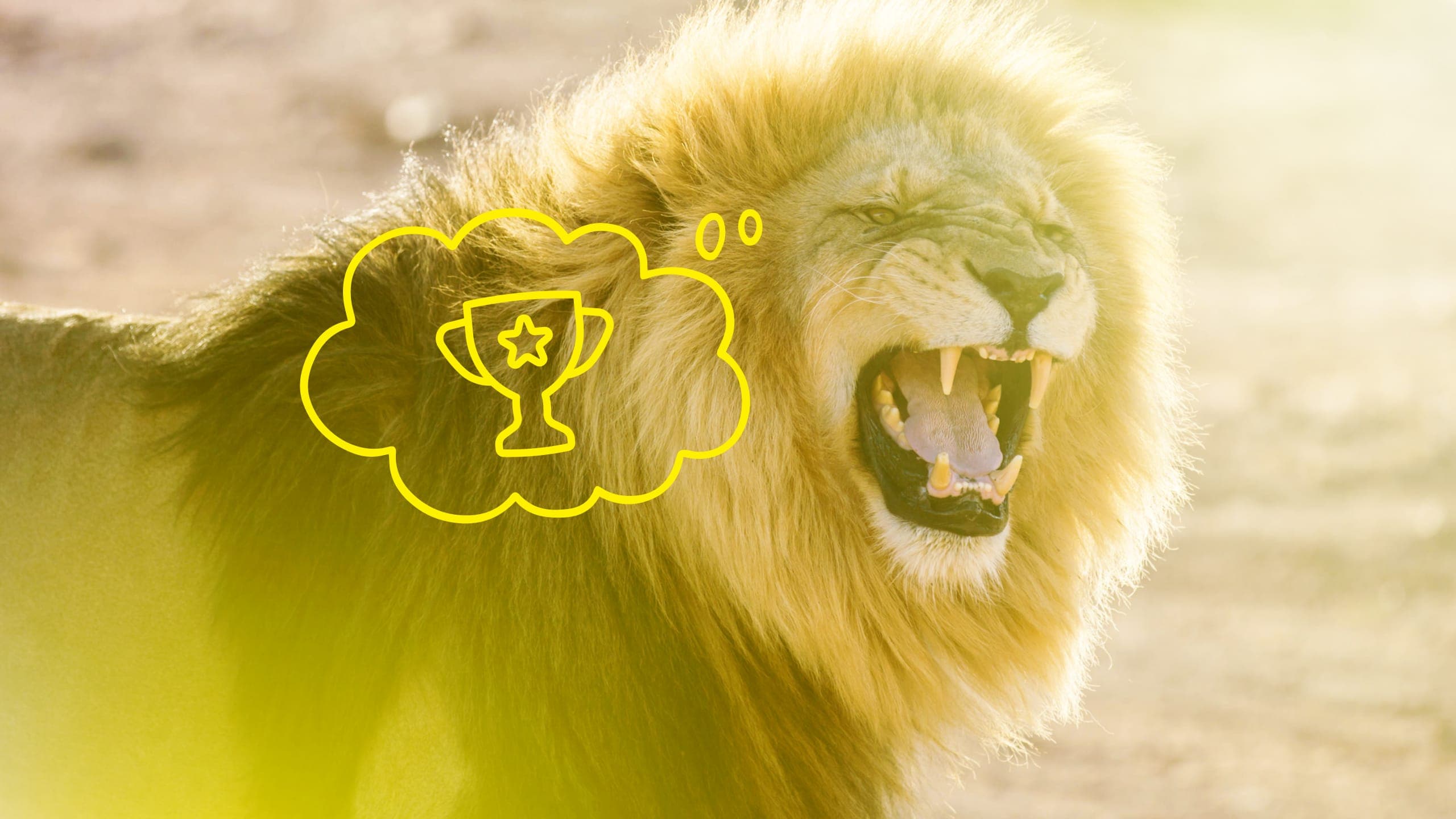 A lion roaring with an illustrated thought bubble containing a trophy inside it