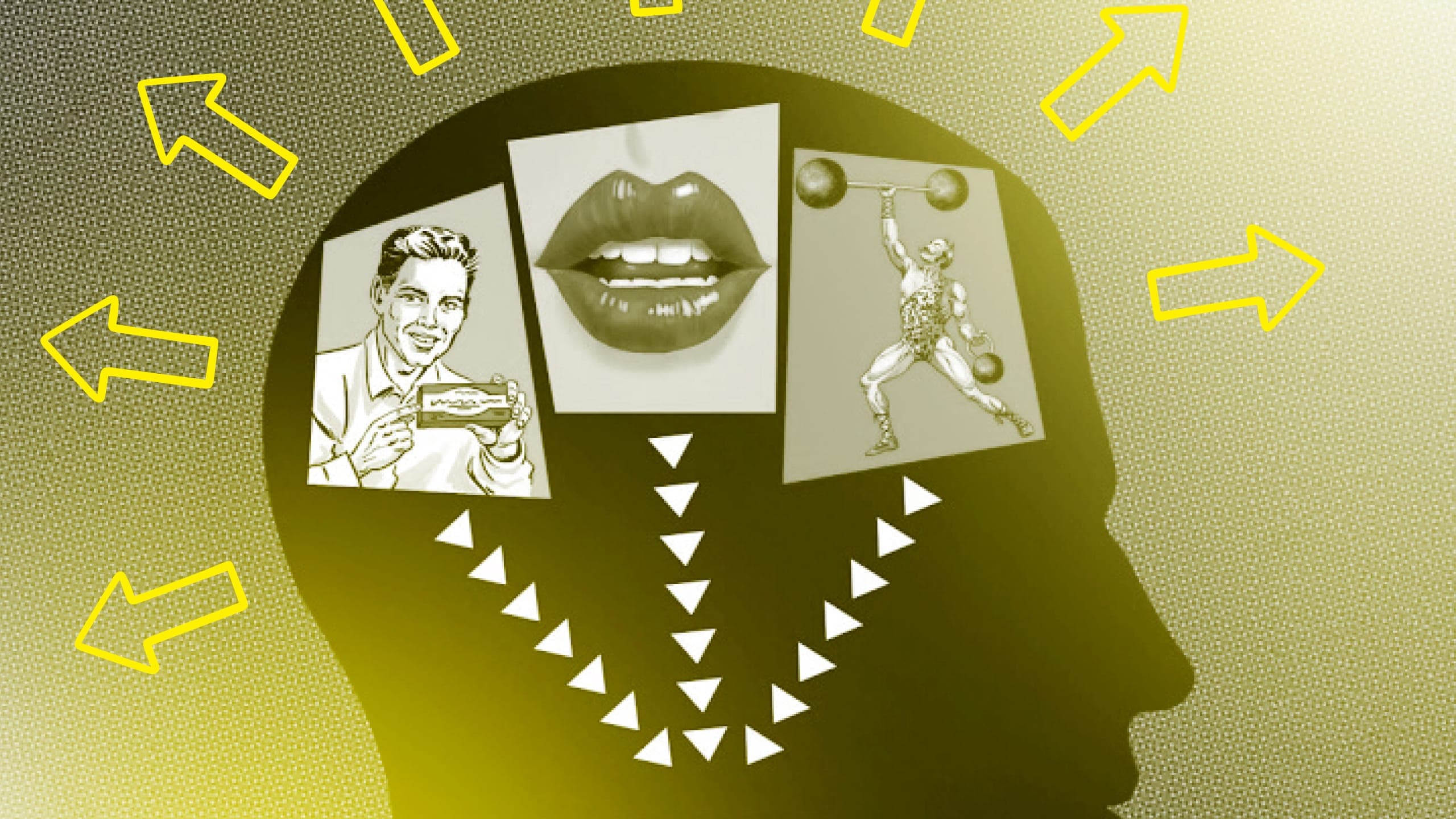 The profile of a human head with arrows pointing outwards from it