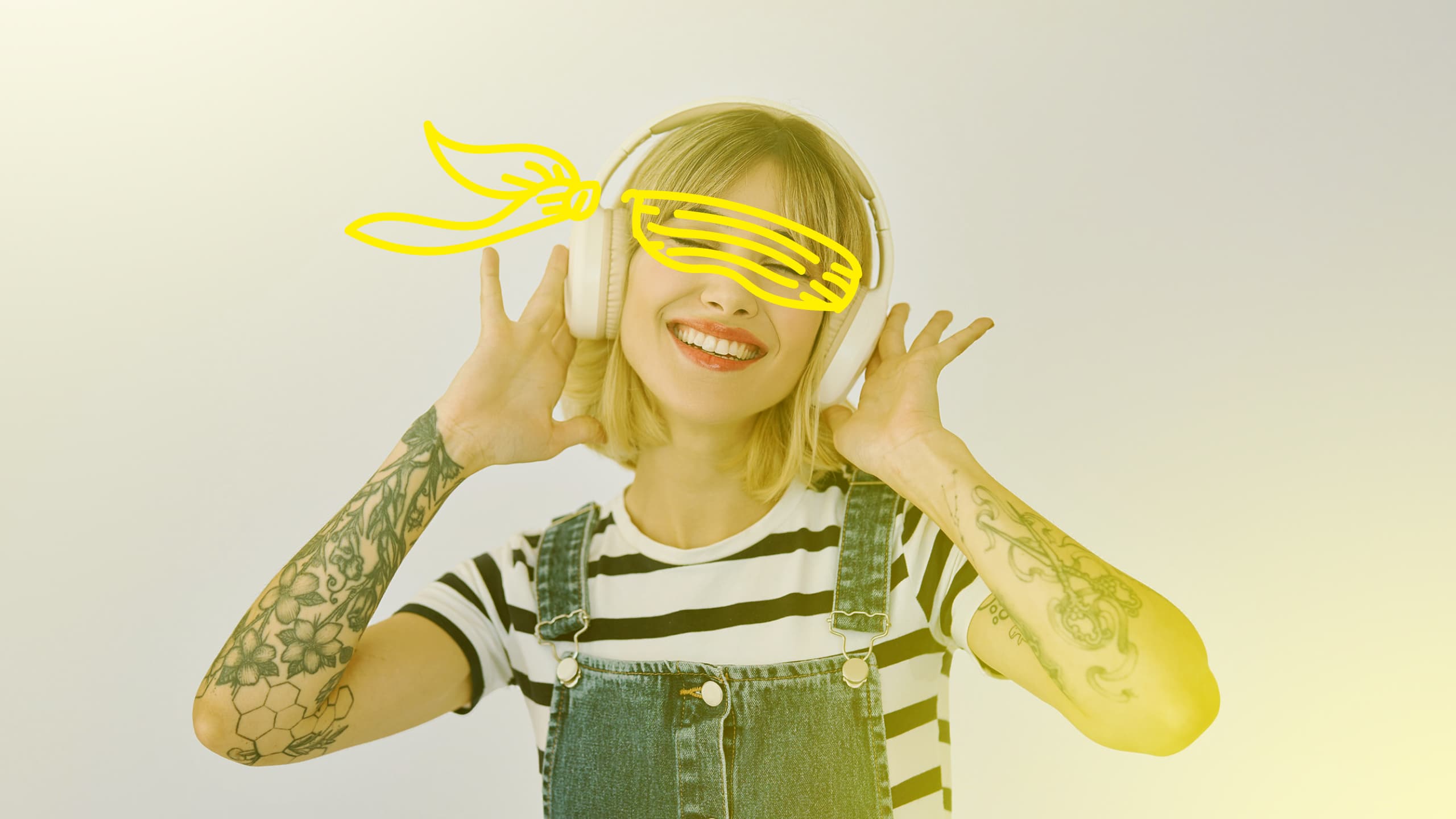 A cool young lady wearing headphones and a blind fold has been illustrated over her eyes